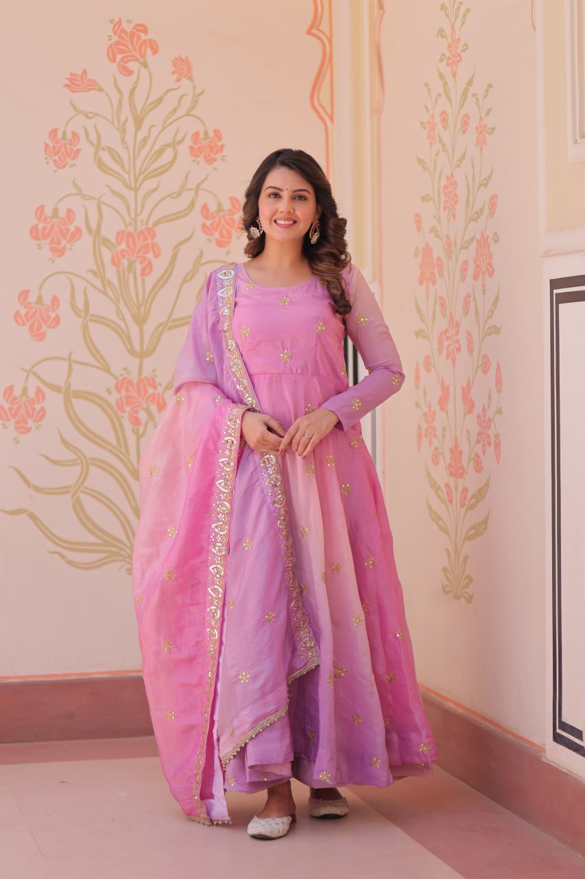 Meher Pastel Bloom Pedding Gold Organza with Multi Embroidered Work Gown