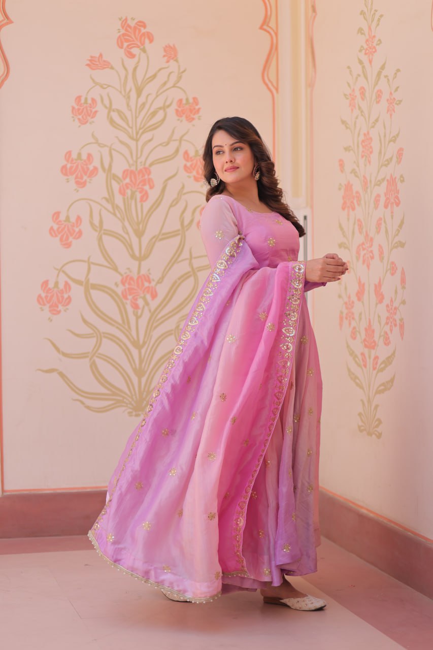 Meher Pastel Bloom Pedding Gold Organza with Multi Embroidered Work Gown