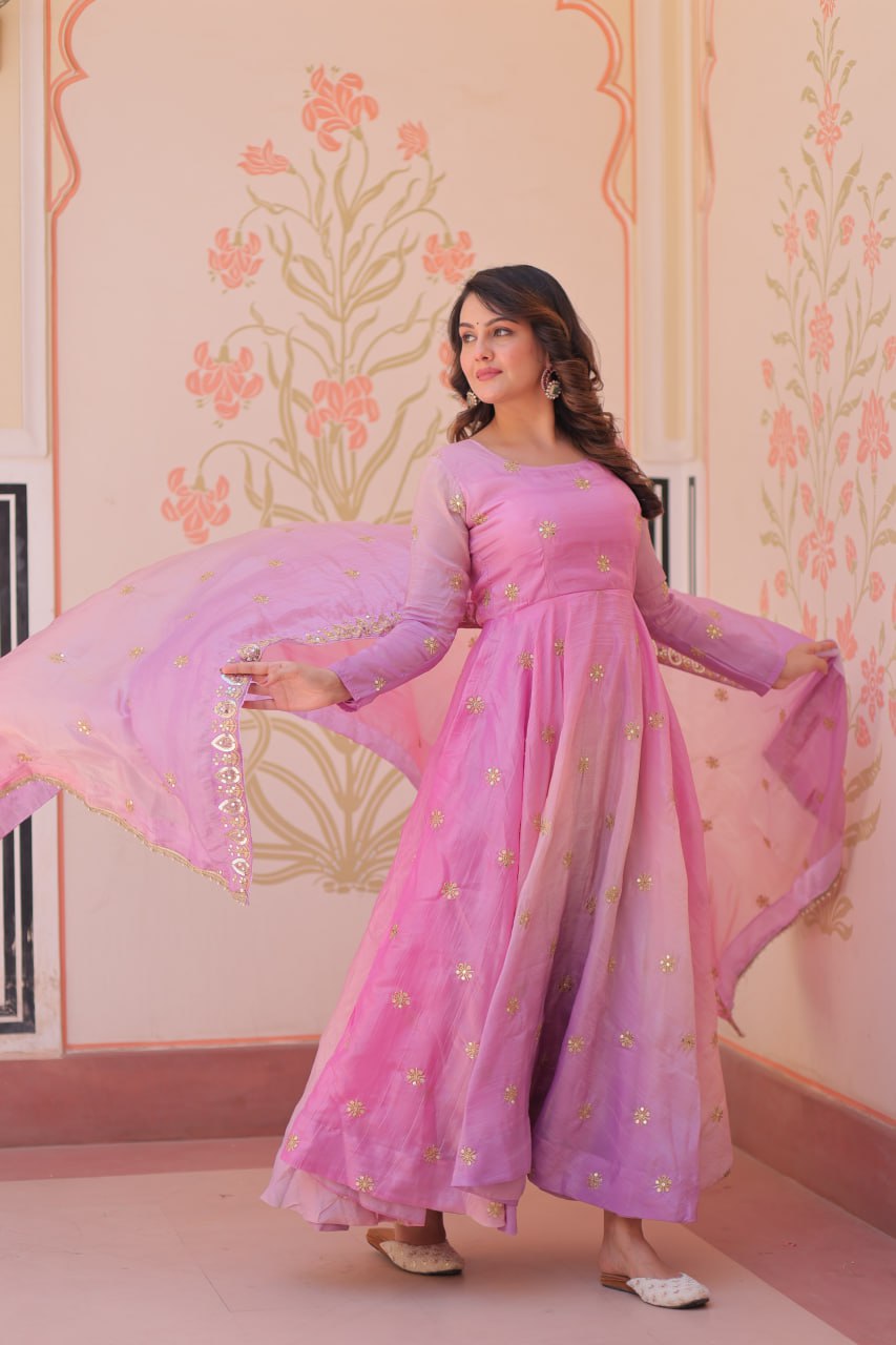 Meher Pastel Bloom Pedding Gold Organza with Multi Embroidered Work Gown