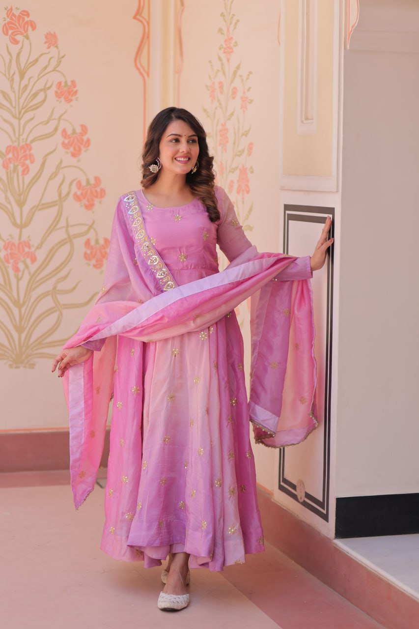 Meher Pastel Bloom Pedding Gold Organza with Multi Embroidered Work Gown