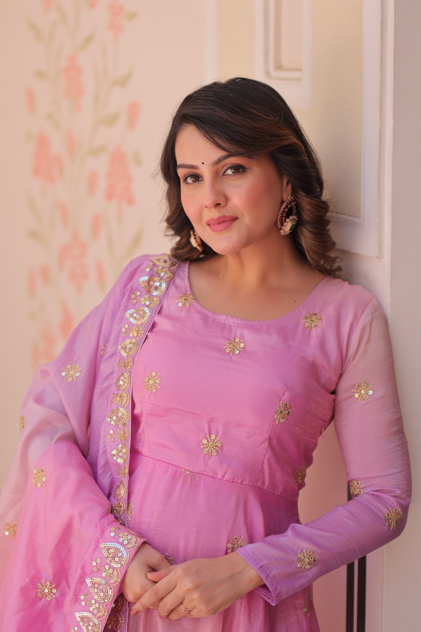 Meher Pastel Bloom Pedding Gold Organza with Multi Embroidered Work Gown