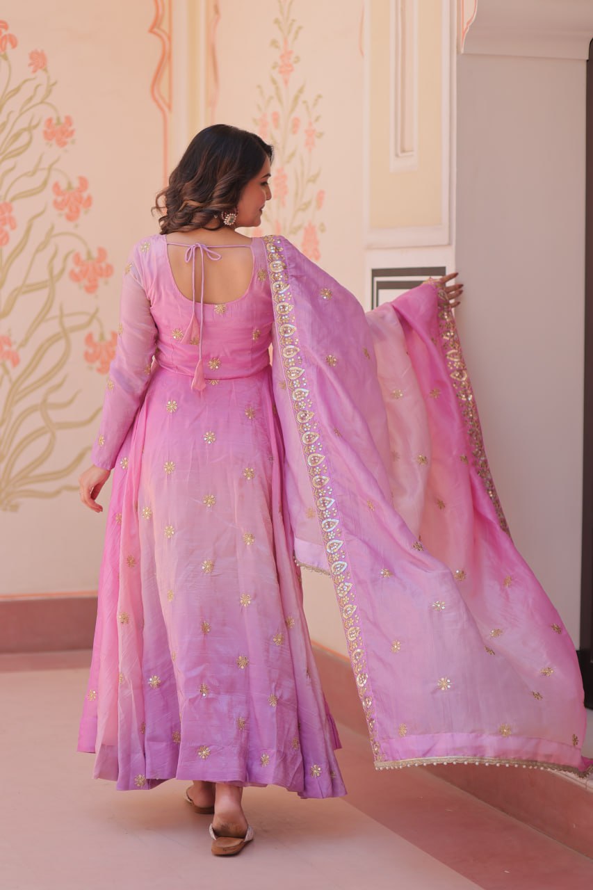 Meher Pastel Bloom Pedding Gold Organza with Multi Embroidered Work Gown
