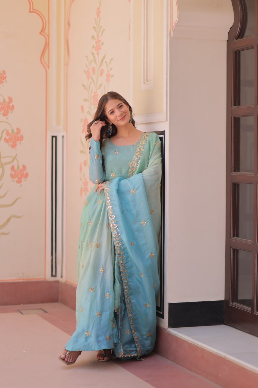 Meher Pastel Bloom Pedding Gold Organza with Multi Embroidered Work Gown