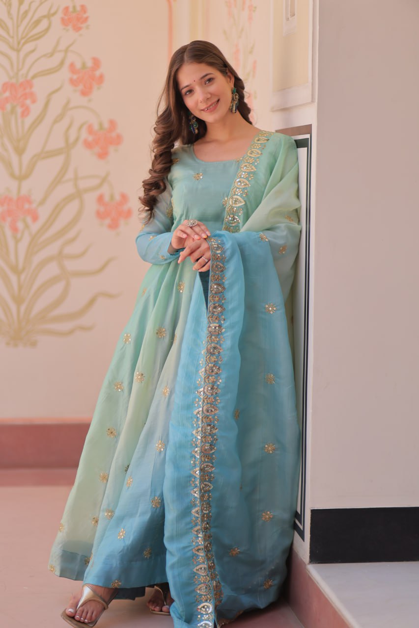 Meher Pastel Bloom Pedding Gold Organza with Multi Embroidered Work Gown