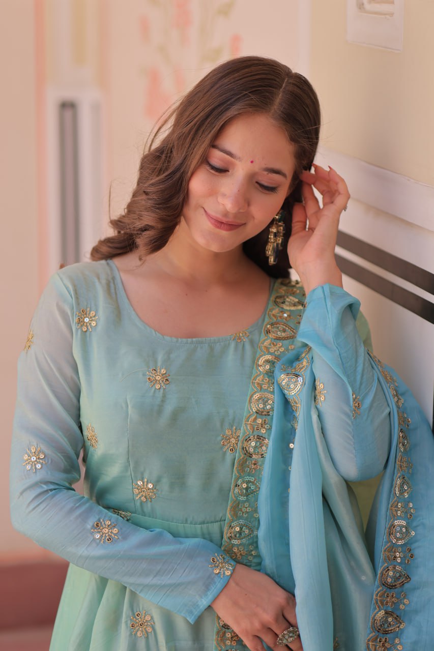 Meher Pastel Bloom Pedding Gold Organza with Multi Embroidered Work Gown