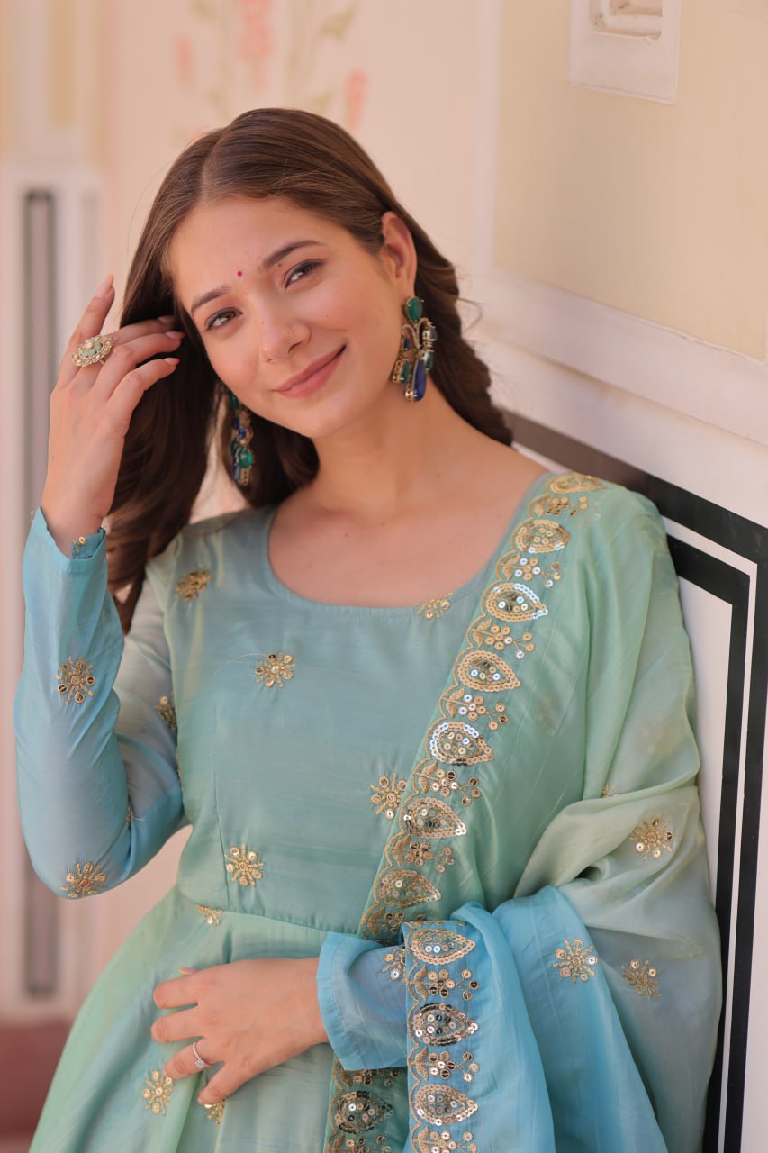 Meher Pastel Bloom Pedding Gold Organza with Multi Embroidered Work Gown
