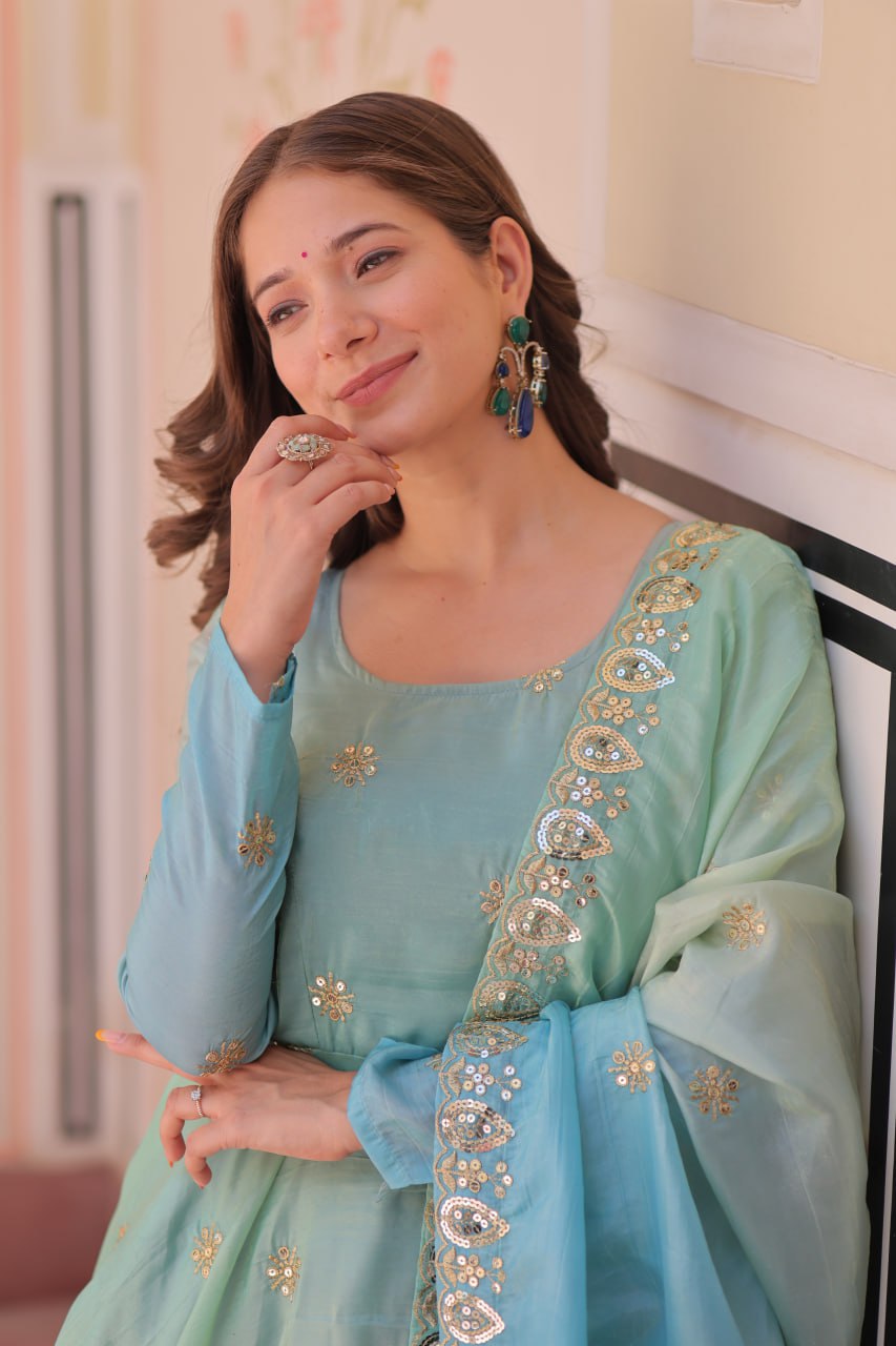 Meher Pastel Bloom Pedding Gold Organza with Multi Embroidered Work Gown