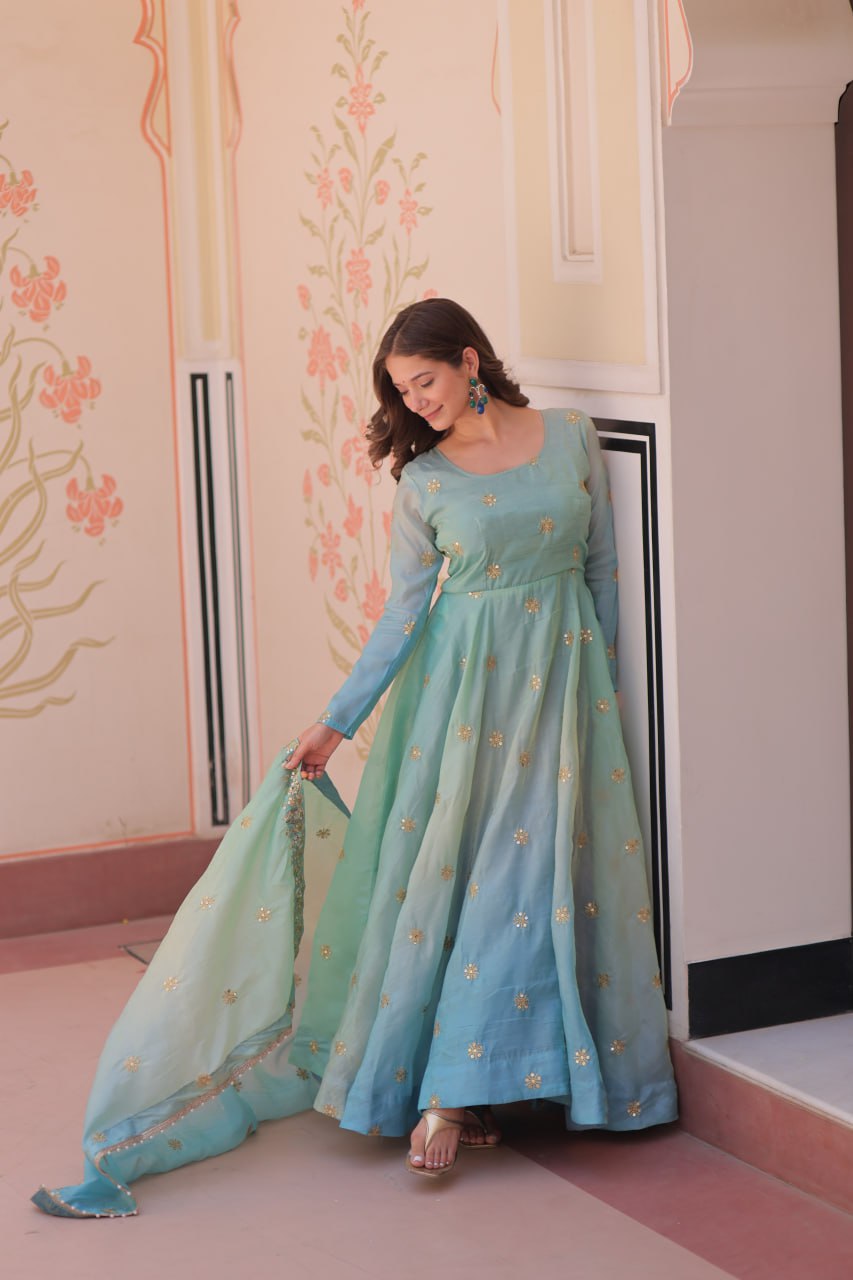 Meher Pastel Bloom Pedding Gold Organza with Multi Embroidered Work Gown