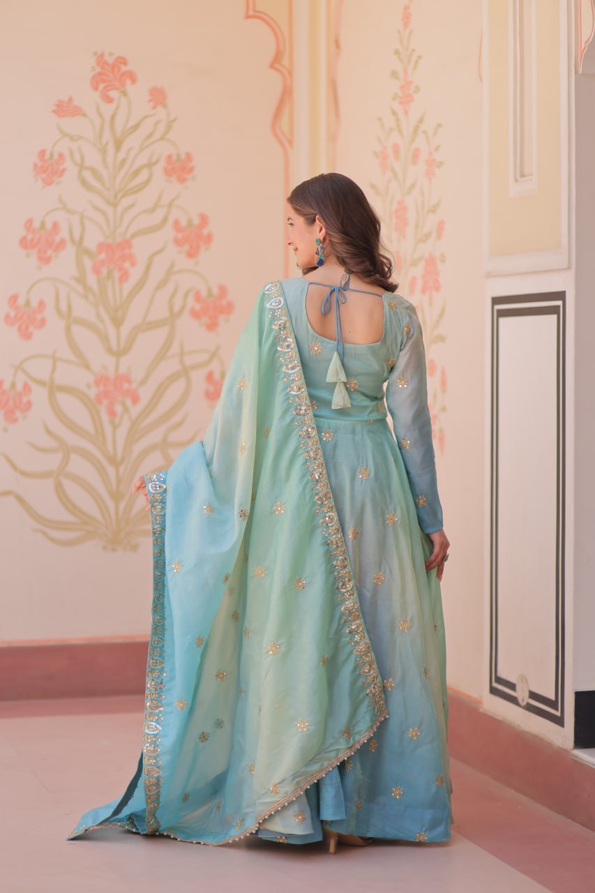 Meher Pastel Bloom Pedding Gold Organza with Multi Embroidered Work Gown