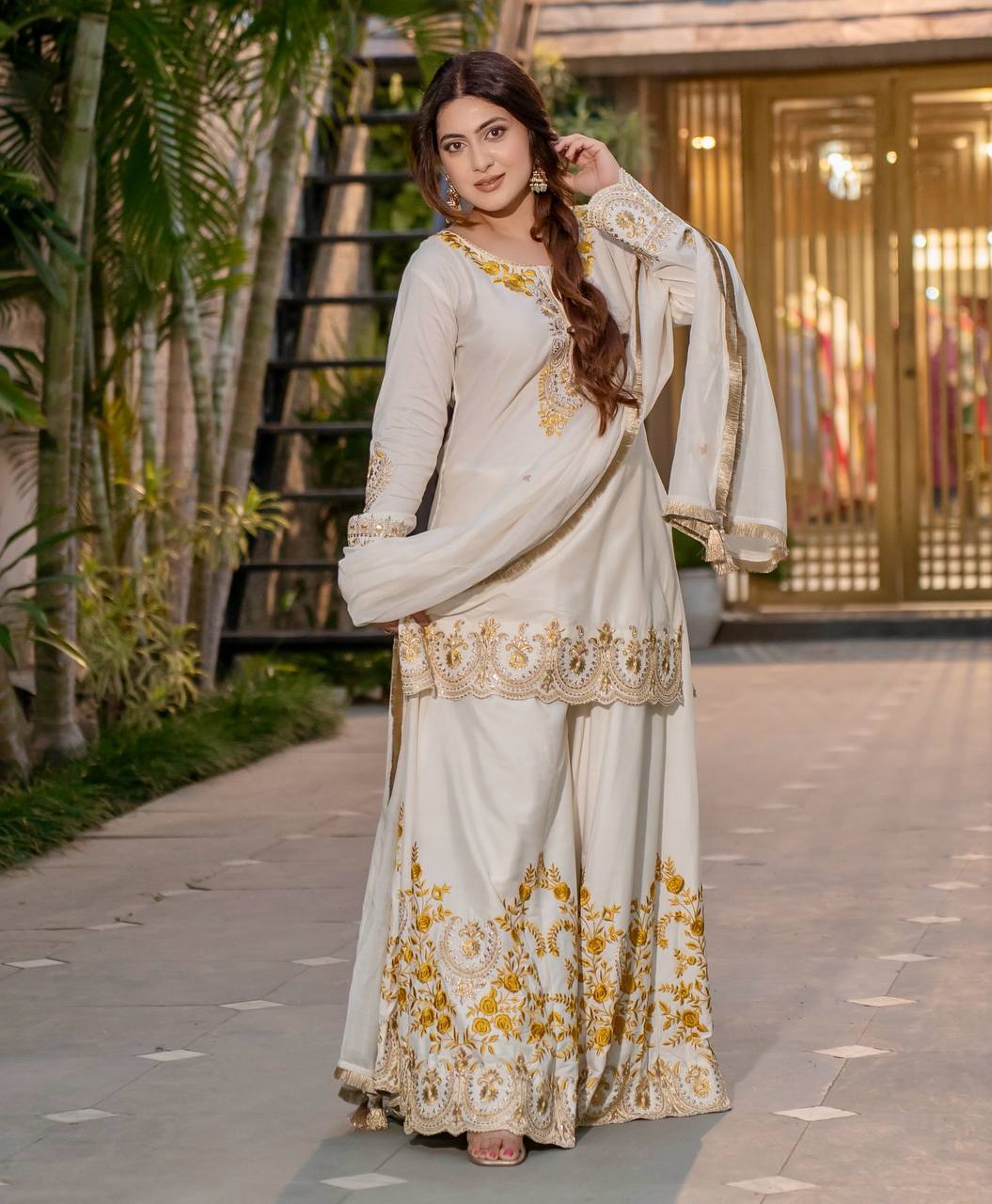 Nyra Noor Heavy Natural Crep Silk Beautiful Purple & White Sarara Set