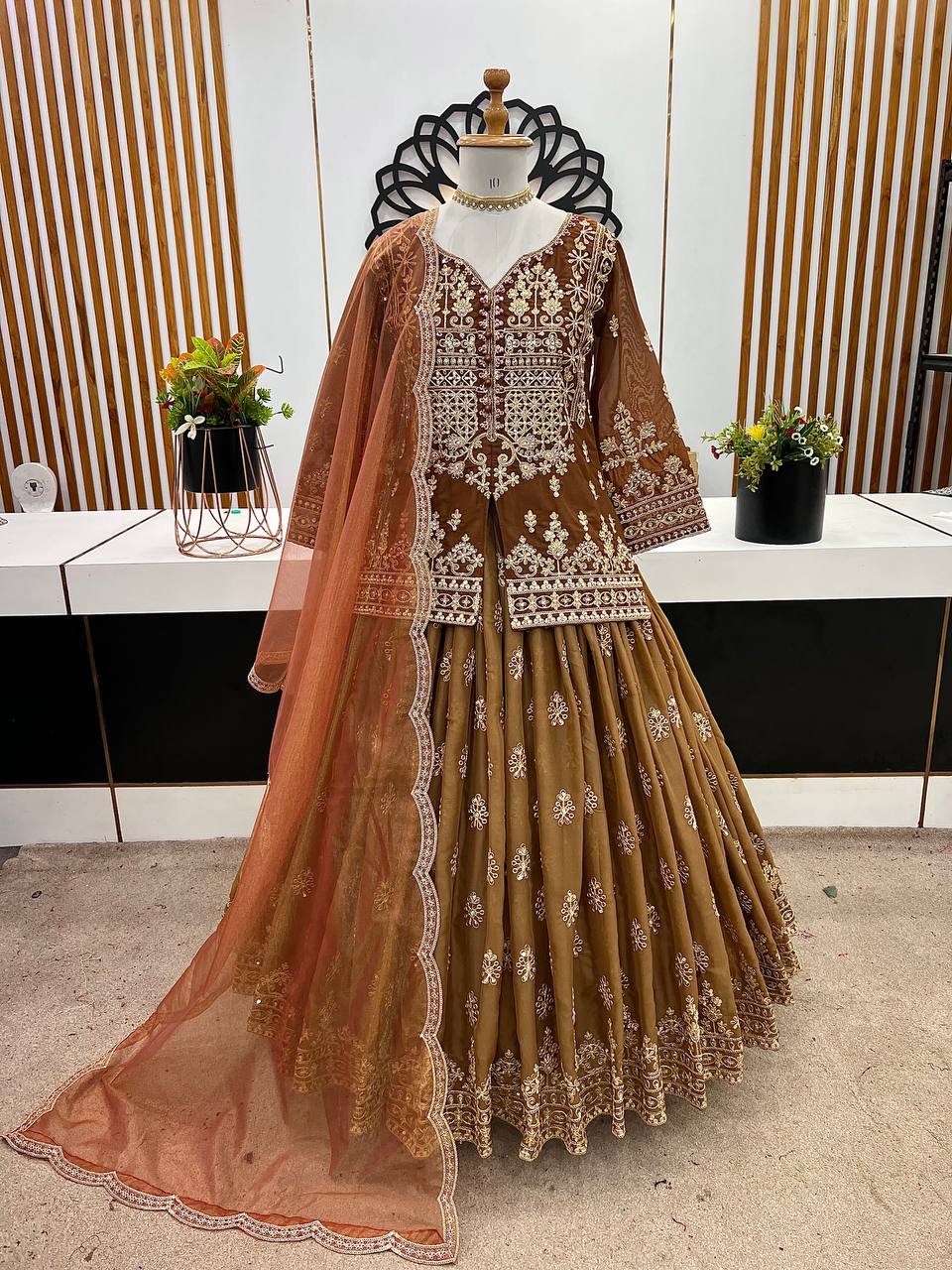 Siya Royal Rust Beads Handwork Coding Sequence Lahenga