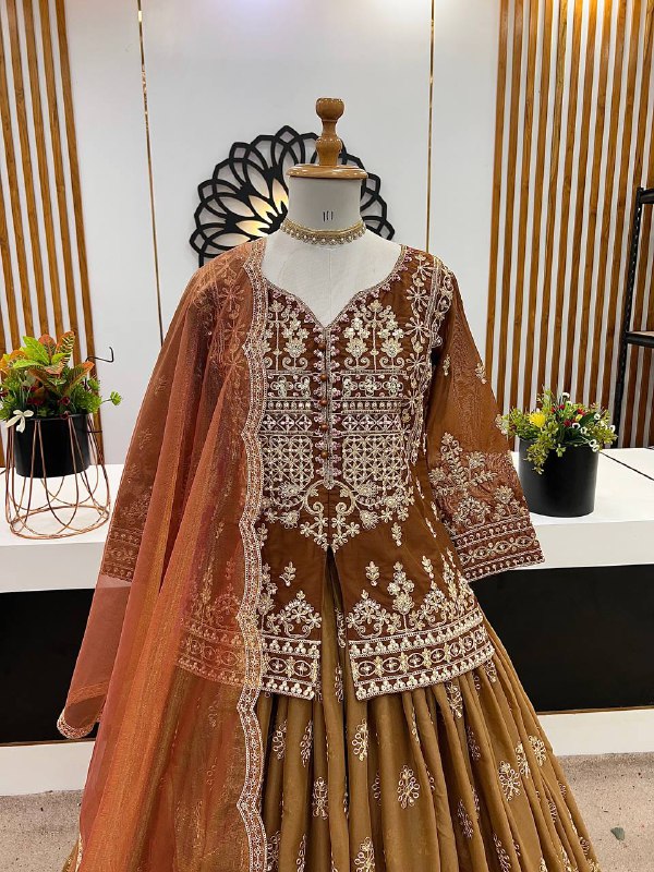 Siya Royal Rust Beads Handwork Coding Sequence Lahenga