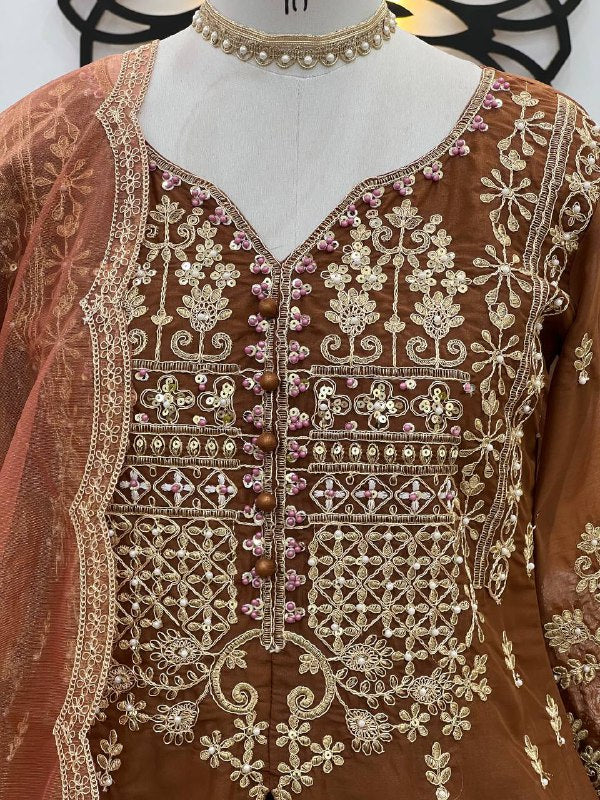 Siya Royal Rust Beads Handwork Coding Sequence Lahenga