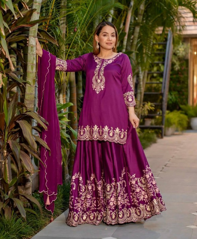Nyra Noor Heavy Natural Crep Silk Beautiful Purple & White Sarara Set