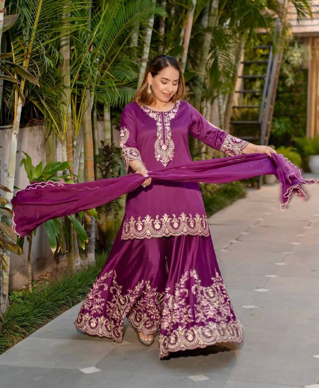 Nyra Noor Heavy Natural Crep Silk Beautiful Purple & White Sarara Set