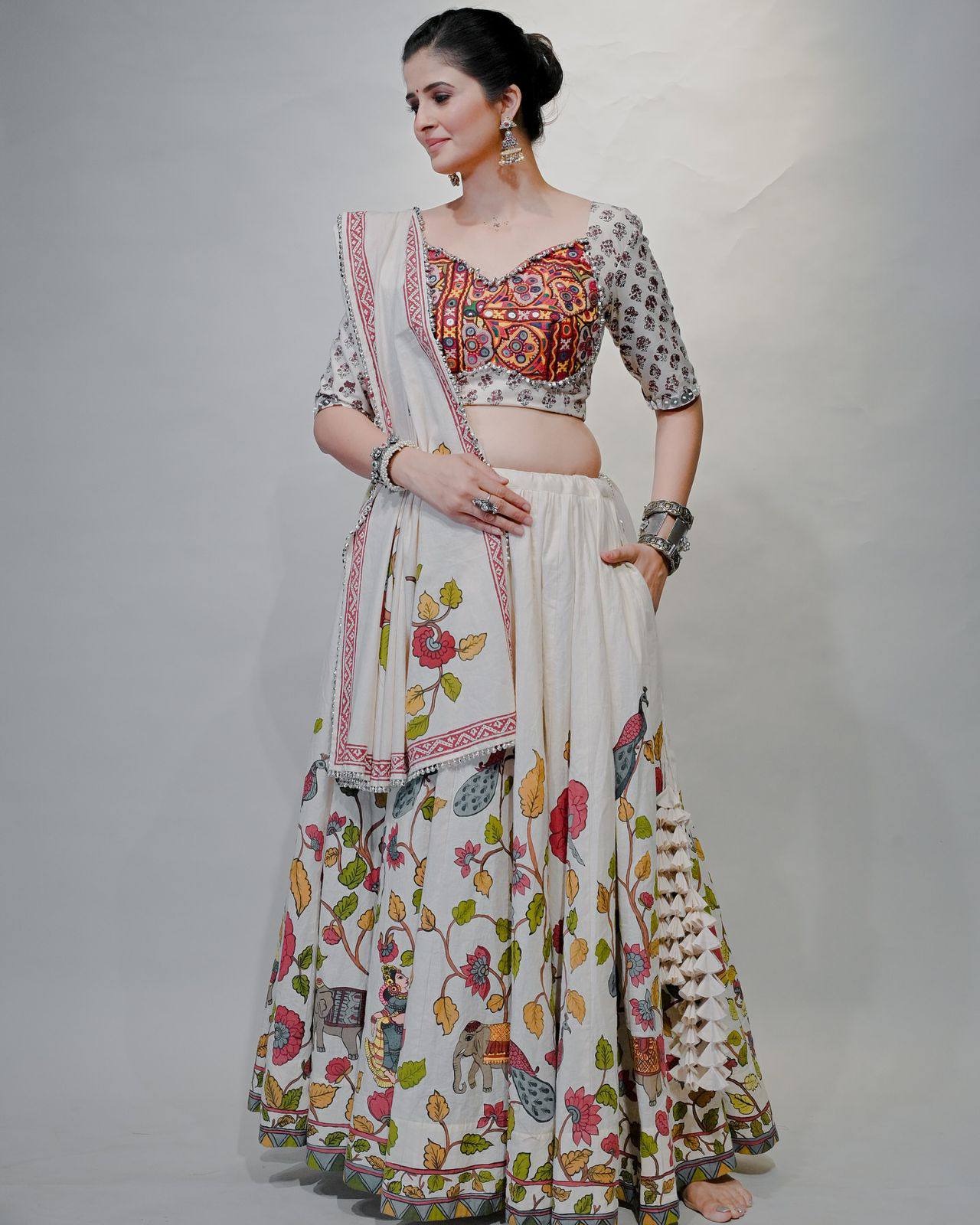 Ivory Gamathi work With Real Mirror work Navratri Lehenga Set