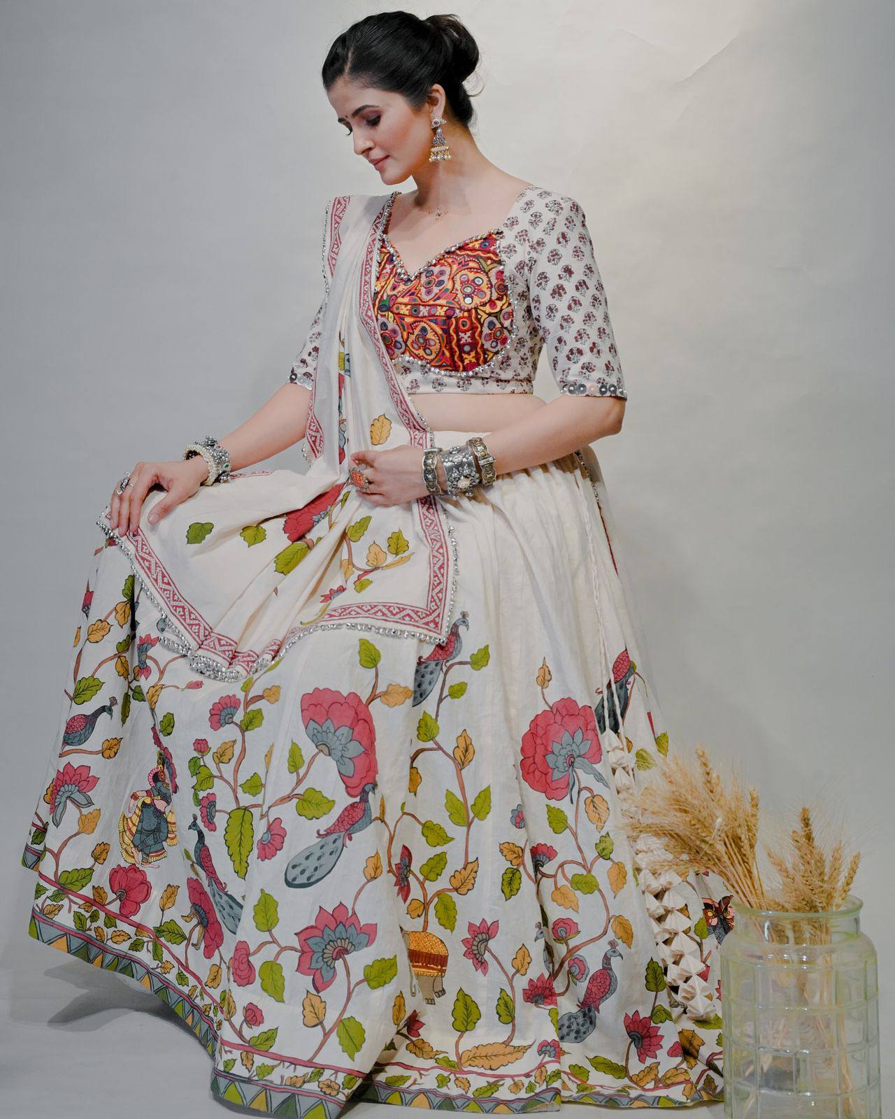 Ivory Gamathi work With Real Mirror work Navratri Lehenga Set