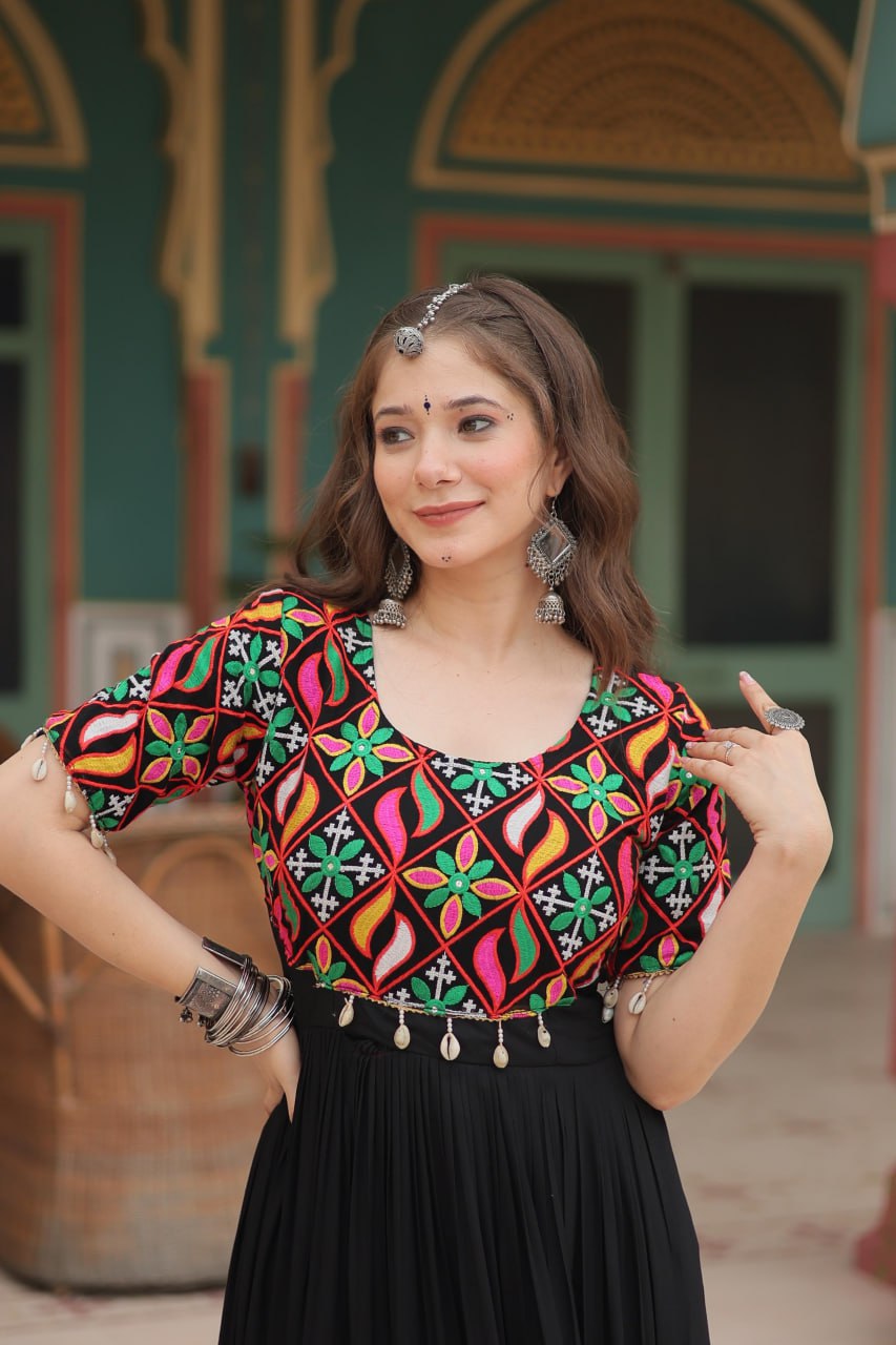 Noor E Kaala Mirror Embroidered Black Flare Dress
