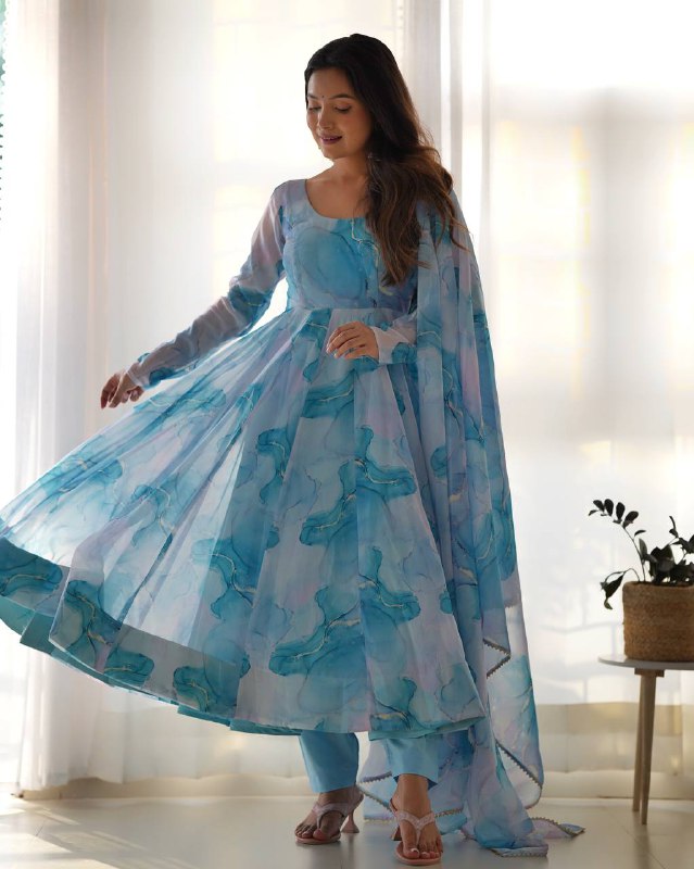Aavya in Aqua Bloom Marble Print Anarkali Suit