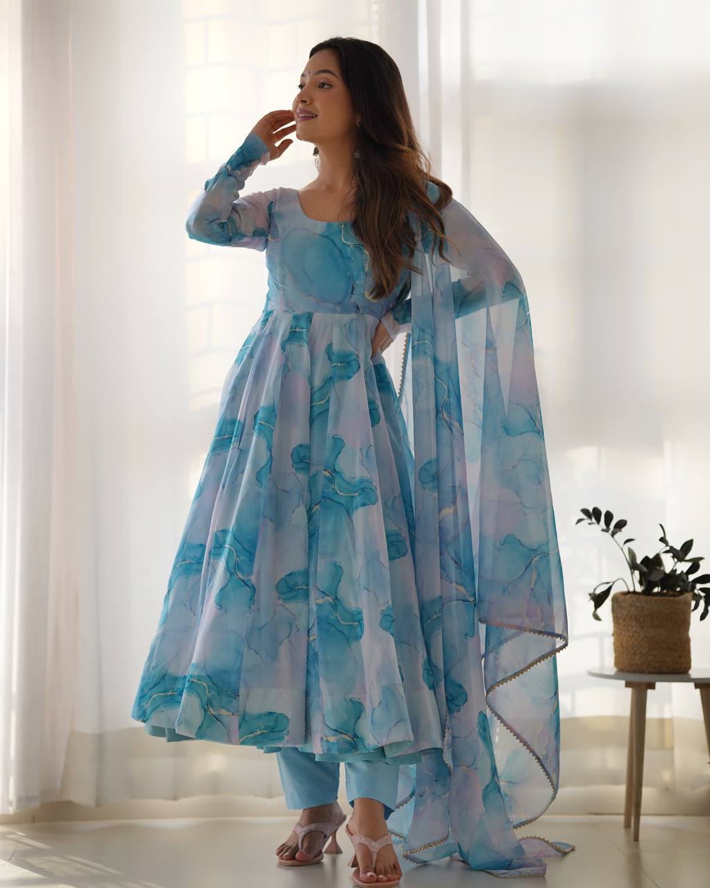 Aavya in Aqua Bloom Marble Print Anarkali Suit