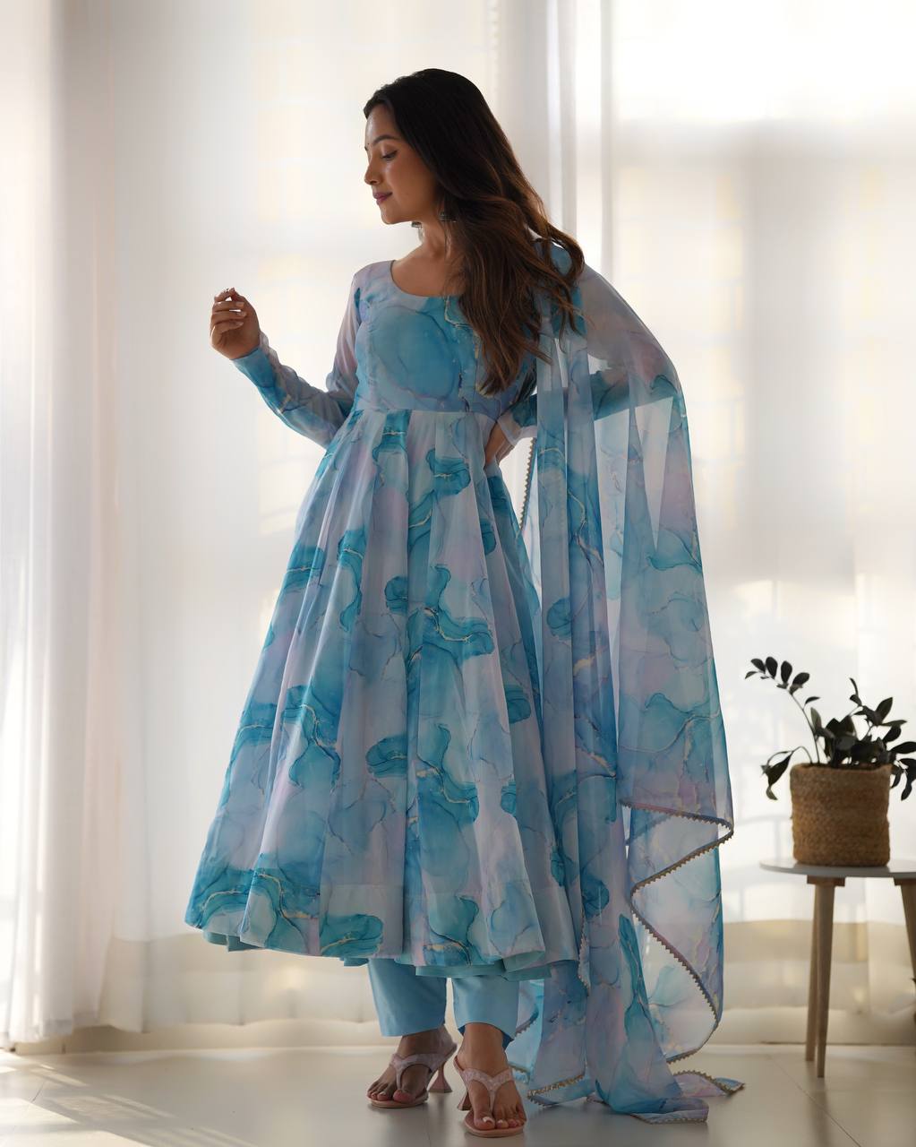 Aavya in Aqua Bloom Marble Print Anarkali Suit
