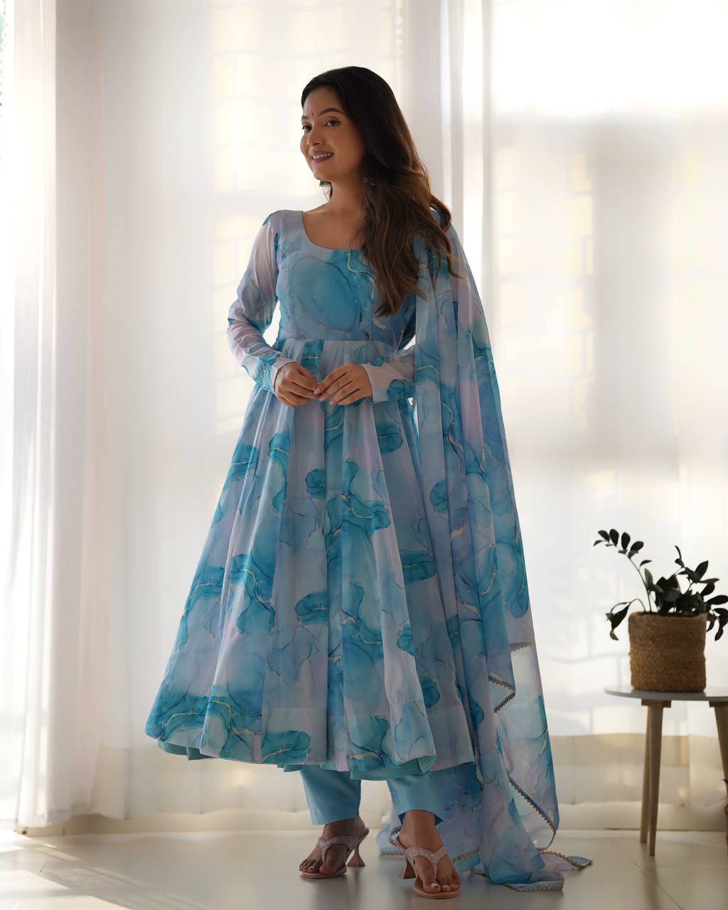 Aavya in Aqua Bloom Marble Print Anarkali Suit