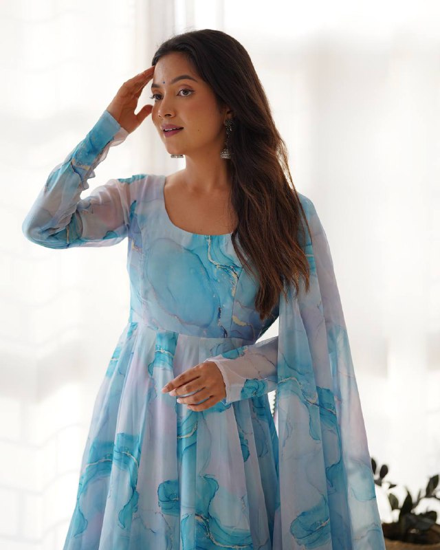 Aavya in Aqua Bloom Marble Print Anarkali Suit