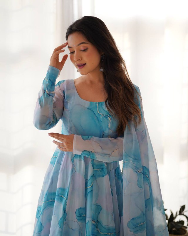 Aavya in Aqua Bloom Marble Print Anarkali Suit