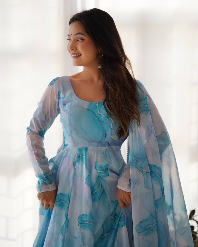 Aavya in Aqua Bloom Marble Print Anarkali Suit