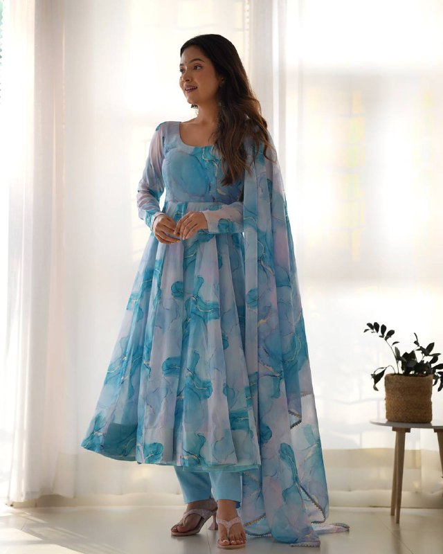 Aavya in Aqua Bloom Marble Print Anarkali Suit