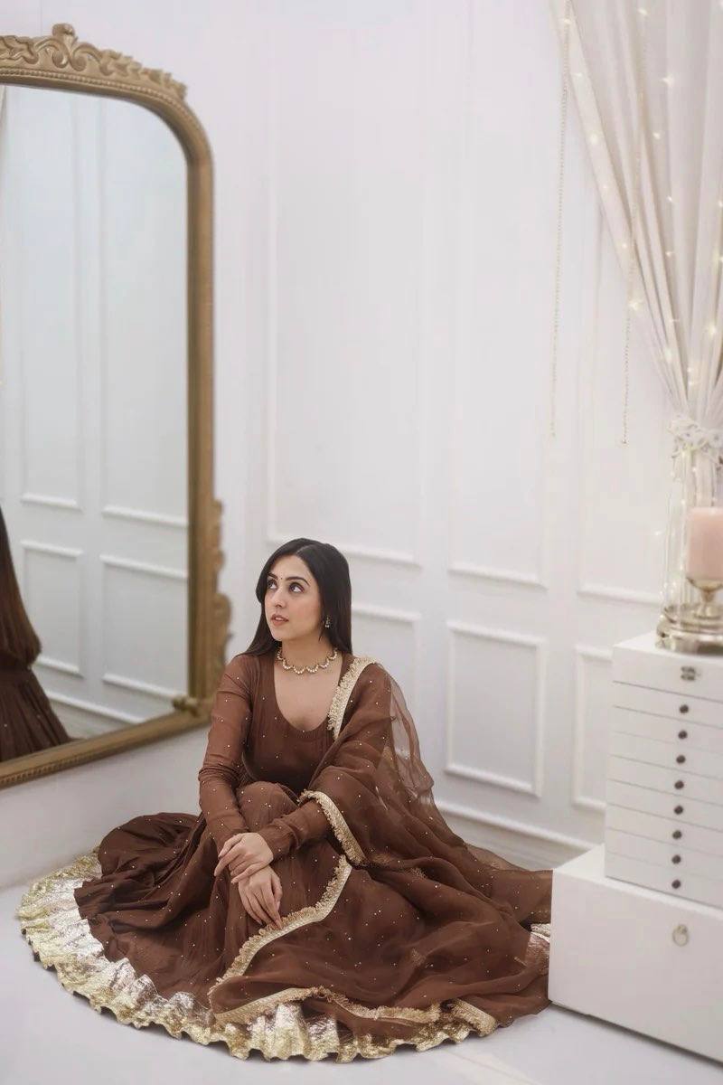Zaitoon Brown Royal Wear Brown Moti Work Anarkali Set