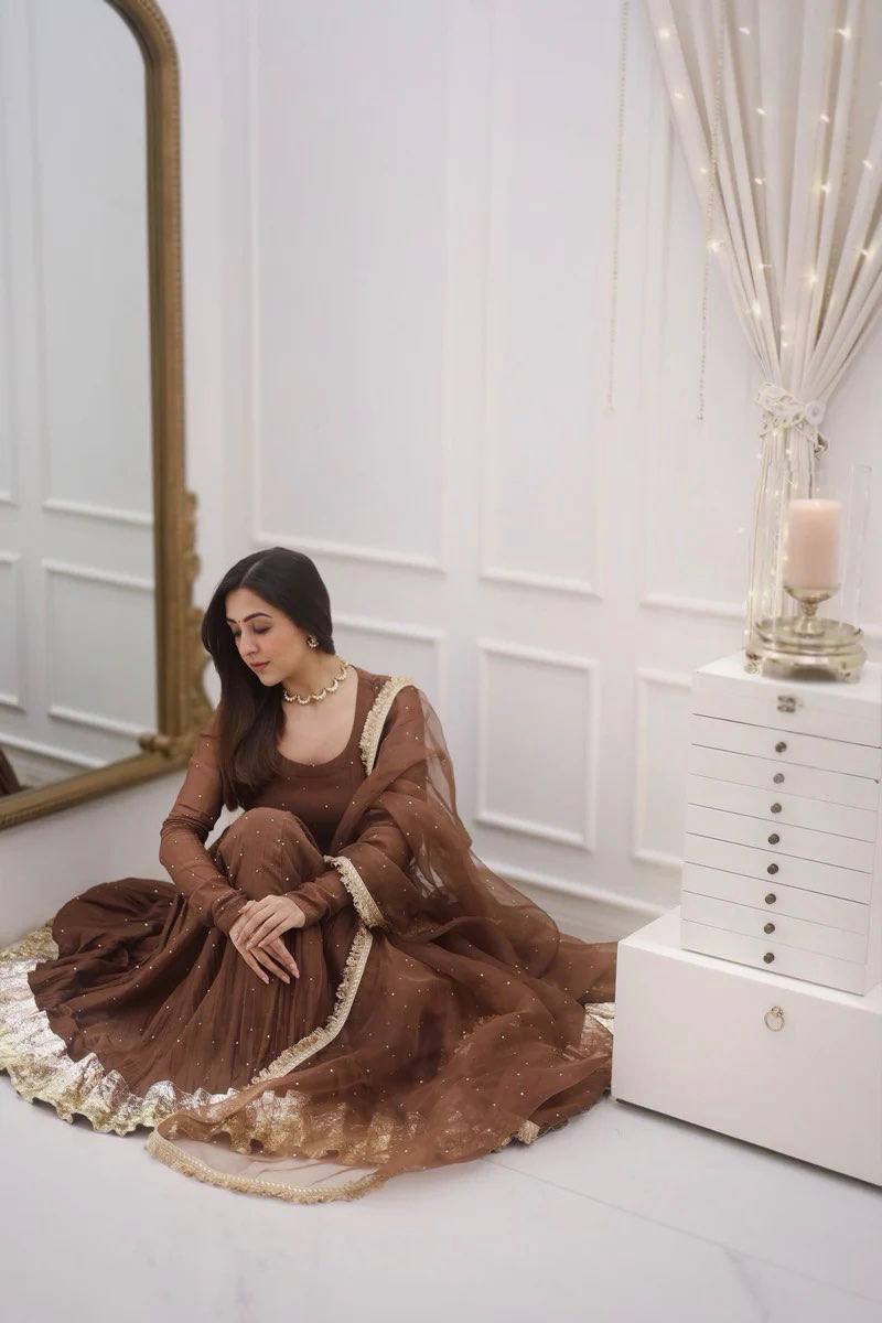 Zaitoon Brown Royal Wear Brown Moti Work Anarkali Set
