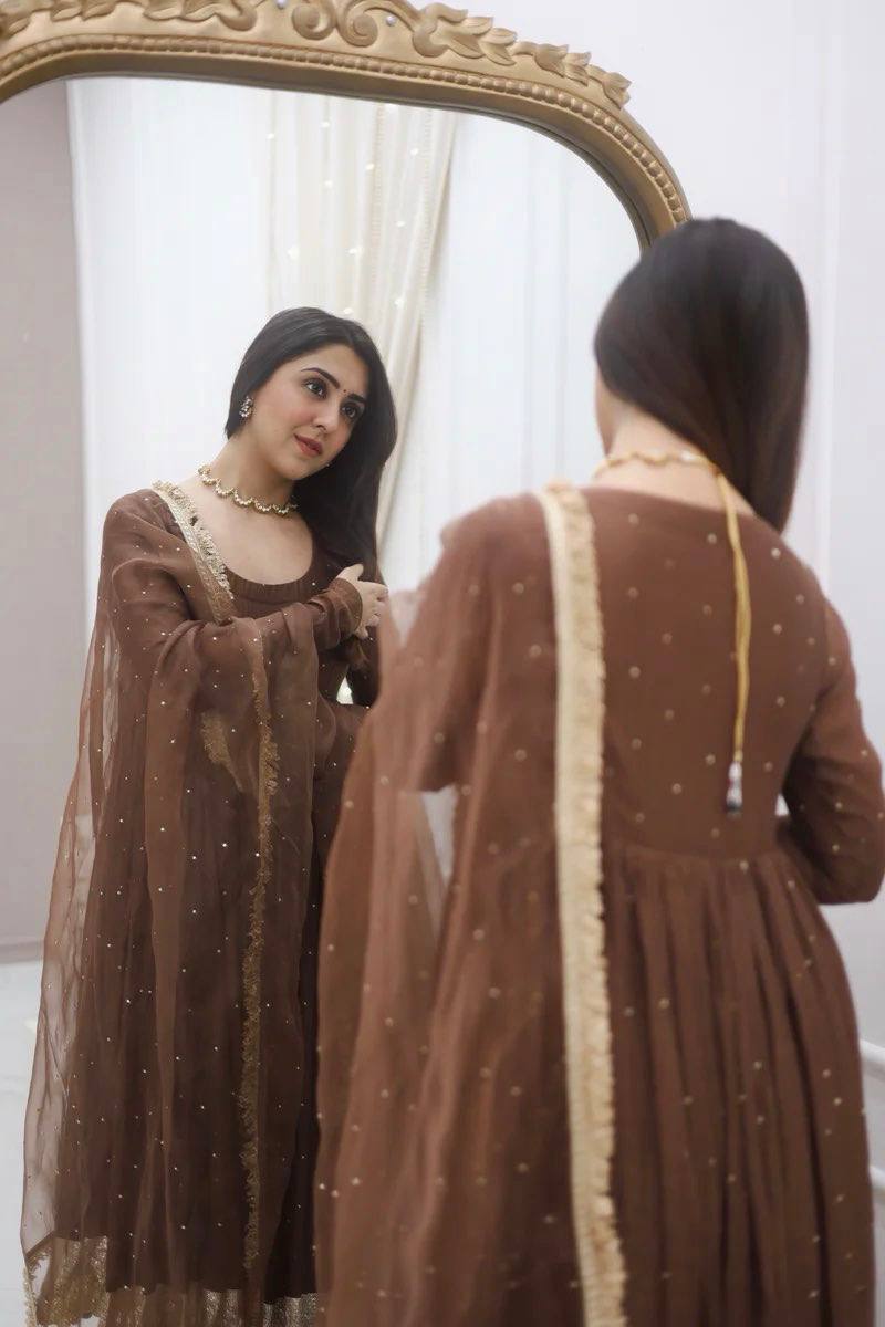 Zaitoon Brown Royal Wear Brown Moti Work Anarkali Set