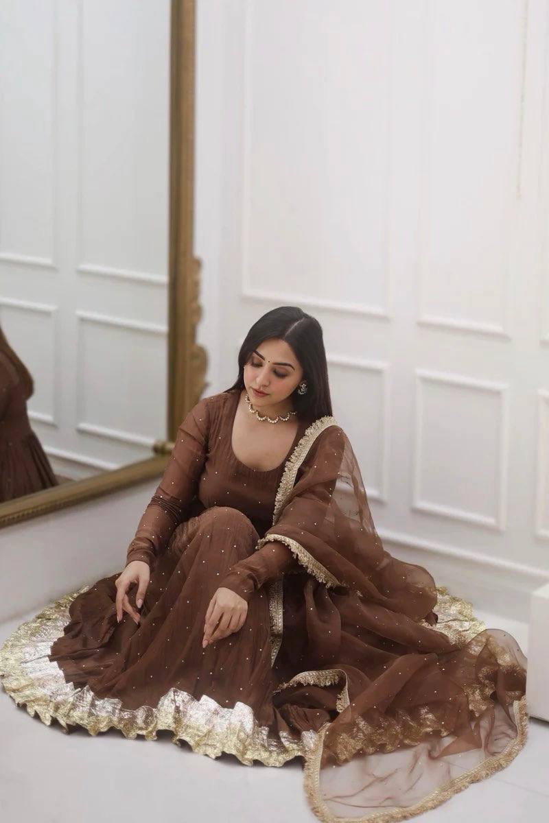 Zaitoon Brown Royal Wear Brown Moti Work Anarkali Set