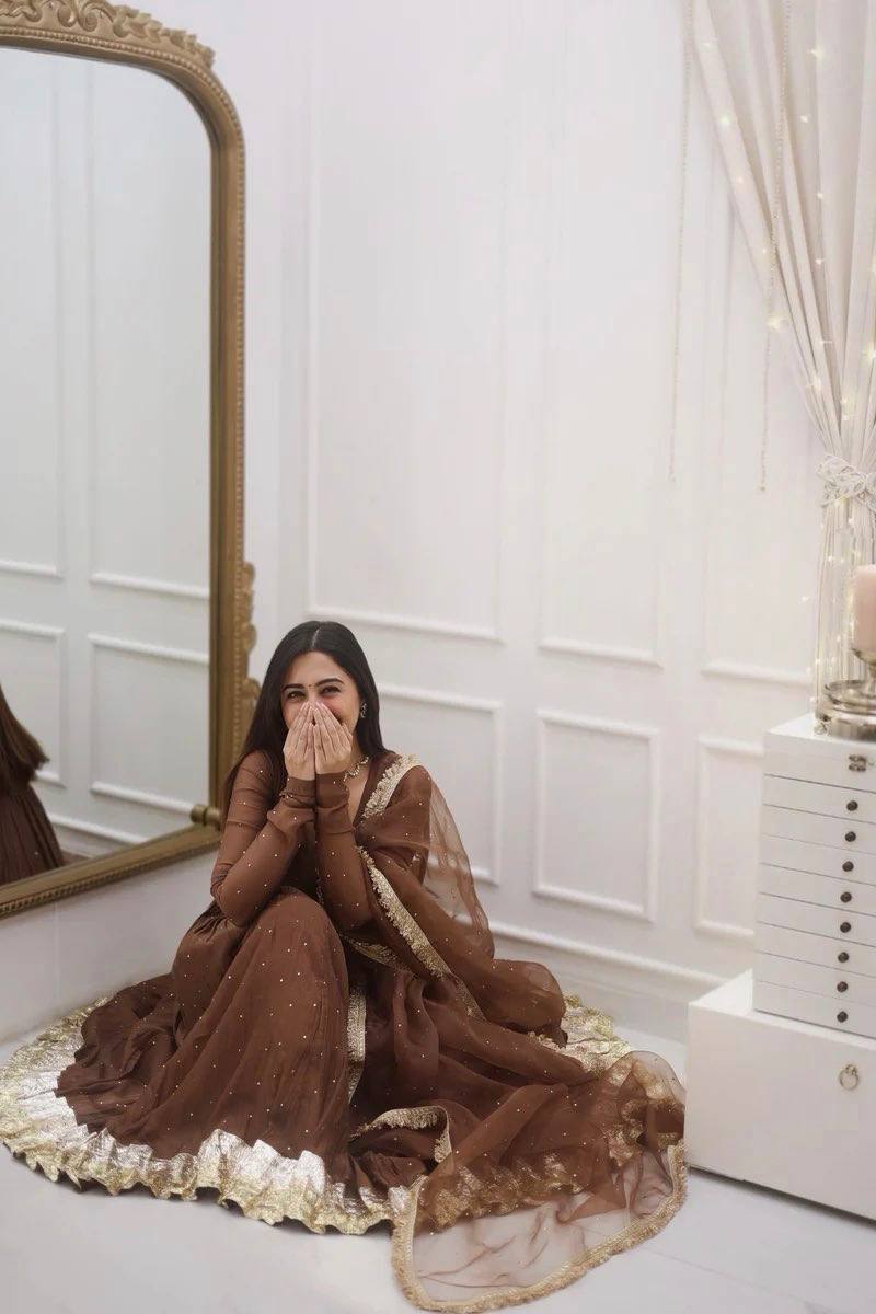 Zaitoon Brown Royal Wear Brown Moti Work Anarkali Set