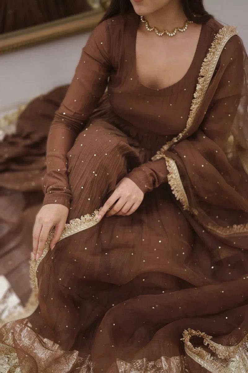 Zaitoon Brown Royal Wear Brown Moti Work Anarkali Set