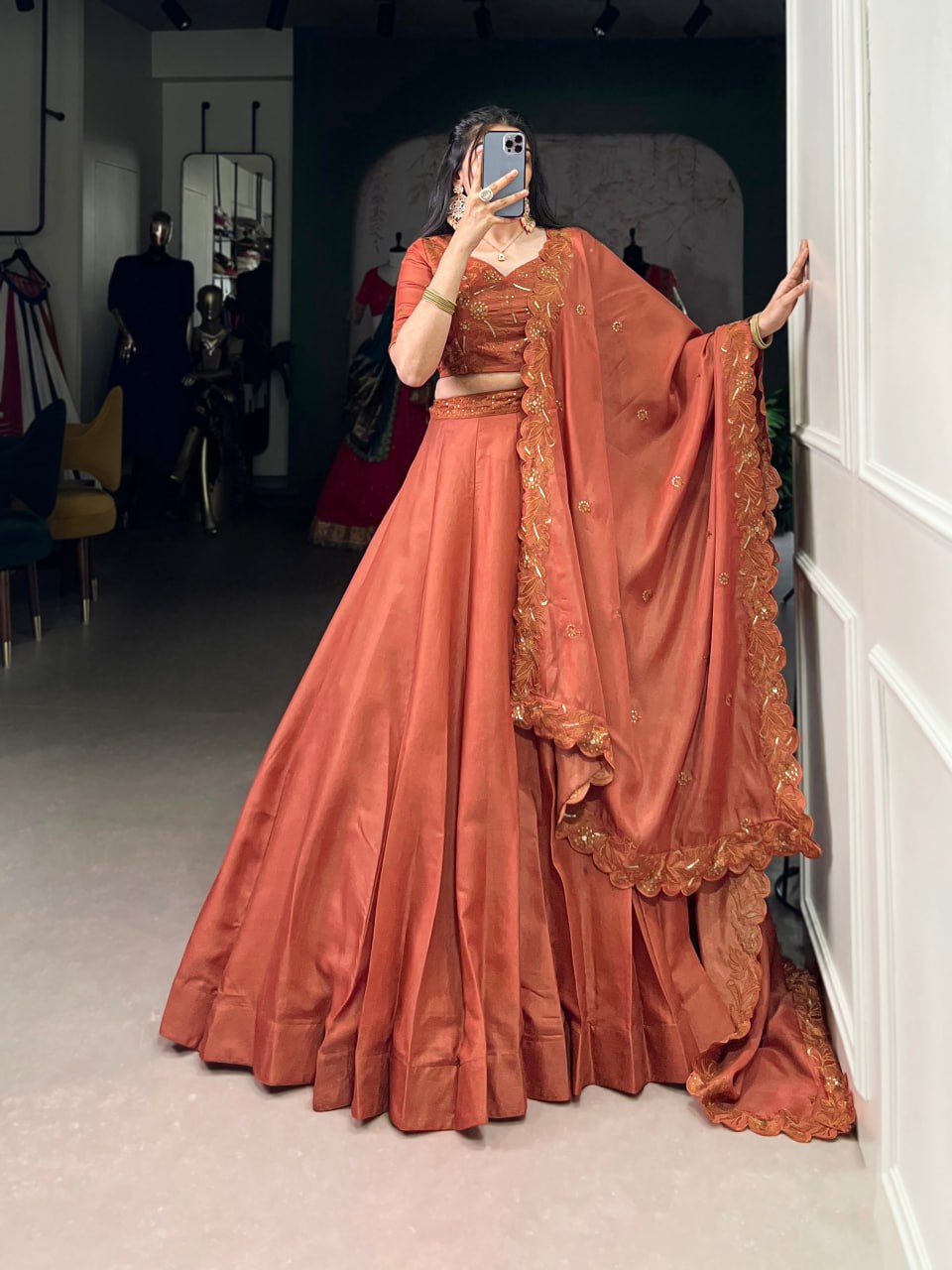 Elegant Rust Silk Lehenga Choli with Gota Embroidery Dupatta