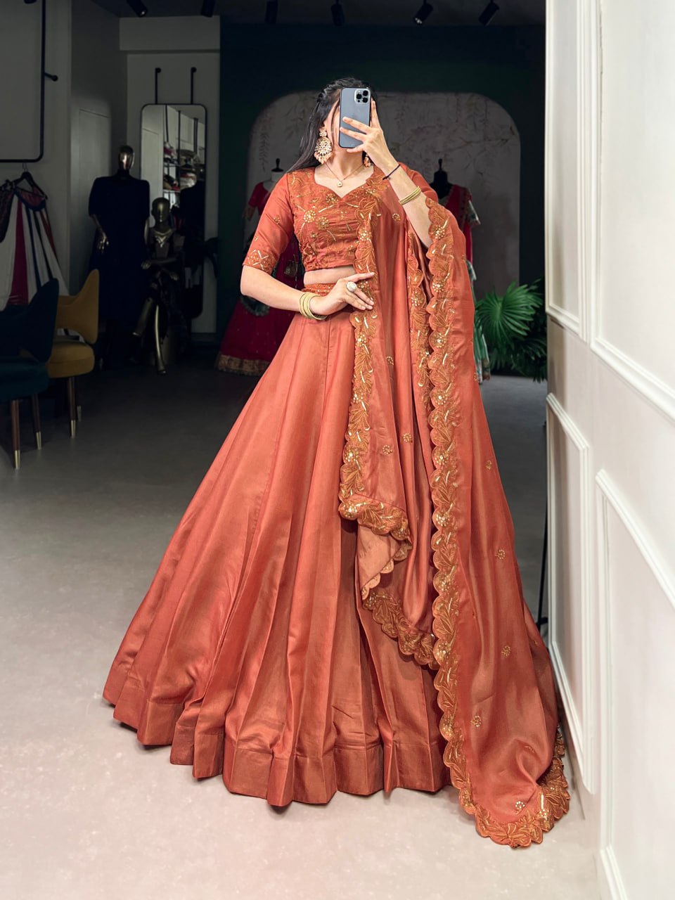 Elegant Rust Silk Lehenga Choli with Gota Embroidery Dupatta