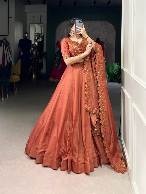 Elegant Rust Silk Lehenga Choli with Gota Embroidery Dupatta