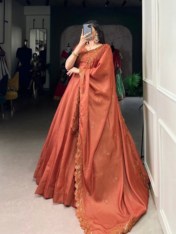 Elegant Rust Silk Lehenga Choli with Gota Embroidery Dupatta