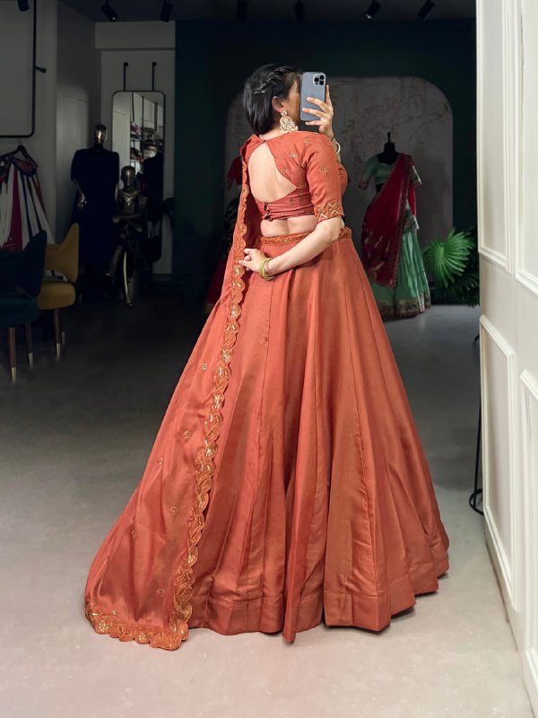 Elegant Rust Silk Lehenga Choli with Gota Embroidery Dupatta
