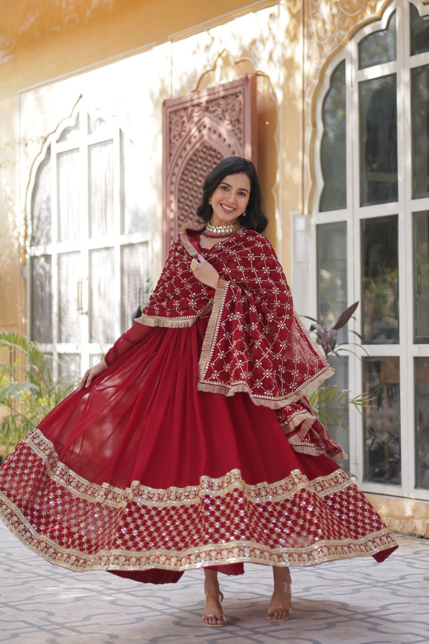 Maroon And Purple Royalty Heavy Embroidery Dreams Gown