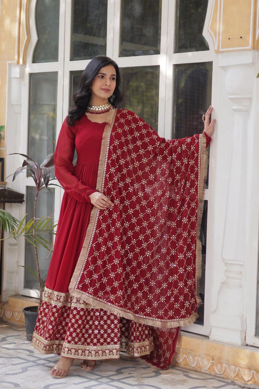Maroon And Purple Royalty Heavy Embroidery Dreams Gown