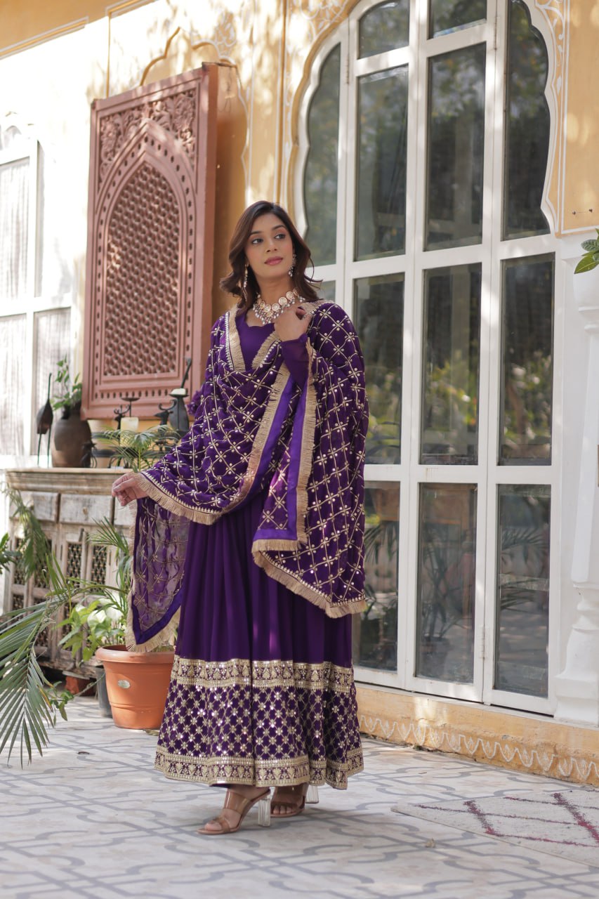 Maroon And Purple Royalty Heavy Embroidery Dreams Gown