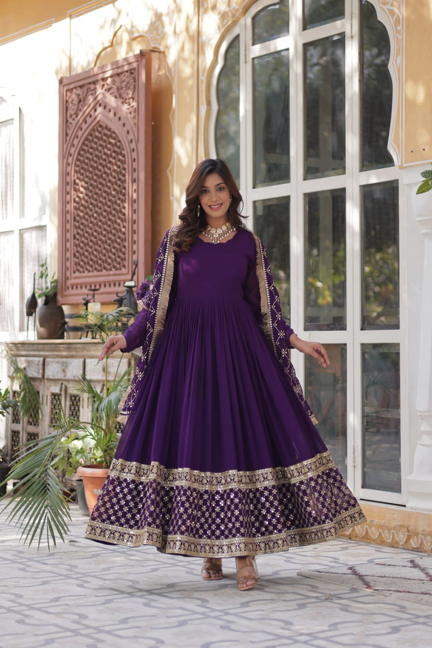 Maroon And Purple Royalty Heavy Embroidery Dreams Gown