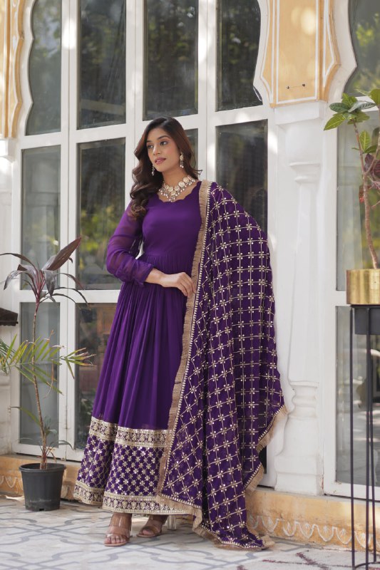 Maroon And Purple Royalty Heavy Embroidery Dreams Gown