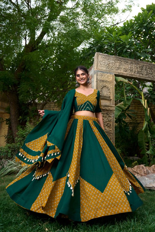 Traditional Green Mustard Panel Lehenga Set