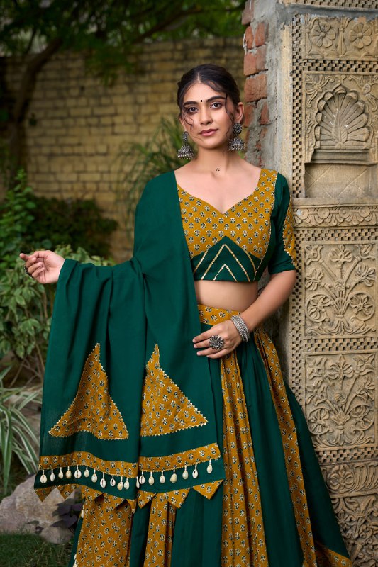 Traditional Green Mustard Panel Lehenga Set