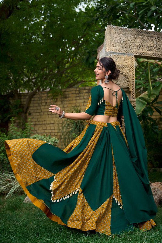 Traditional Green Mustard Panel Lehenga Set