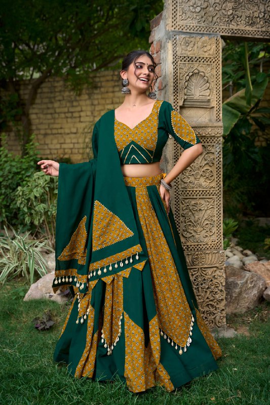 Traditional Green Mustard Panel Lehenga Set